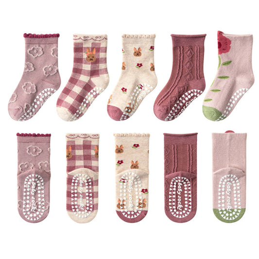 5 Pairs Children's Socks Cotton Non-slip Socks Floor Socks Cartoon Flowers Baby Socks Toddler Boy Girl Socks Kids Socks 0-12 Ys