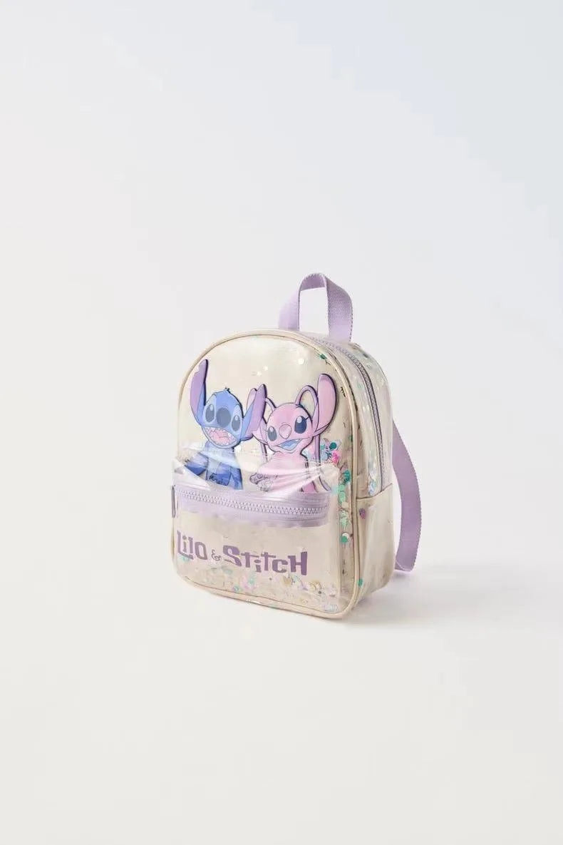 New Disney Off-white Stitch Printed Transparent Sequin Star Decoration Cute High-quality Backpack for Boys and Girls