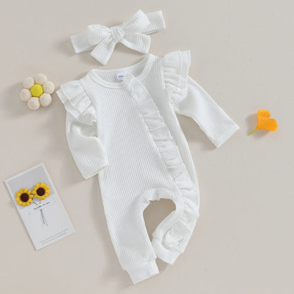 Pudcoco Infant Baby Girl Autumn Jumpsuit Solid Color Round Neck Flying Sleeve Ruffled Zipper Romper with Bow Headband 0-12M