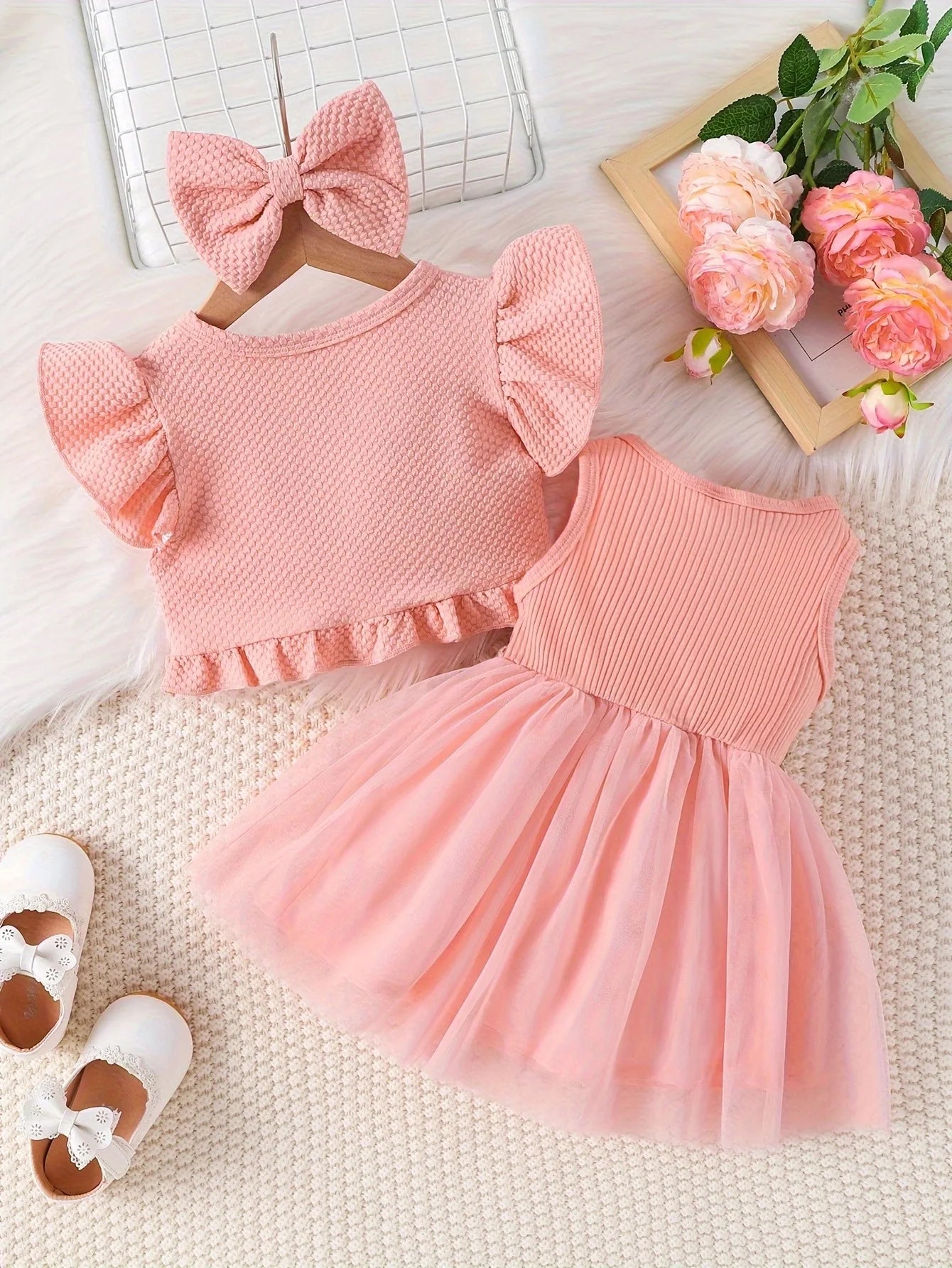 Baby Baby Baby Summer Style Waist Flower Vest Mesh Dress Jacket Hair Accessories