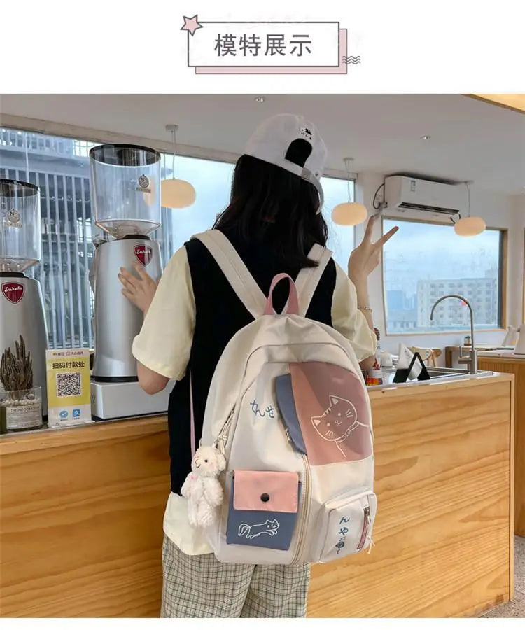 Hundreds of simple junior high school students schoolbag Large capacity primary school students schoolbag cute cat pattern