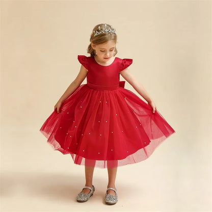 Toddler Girl Red Christmas Princess Dress Cute Baby Girl 1st Birthday Party Tutu Gown Newborn Backless Bow Beading Xmas Costume