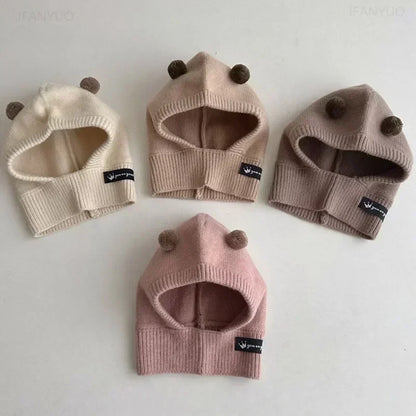 Baby Scarf Hat One-piece Knitted Cap Warm Cute Double Hairball Children Ear Protection Caps Korean Boys Girls Kid Windproof Hats