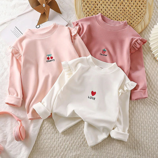 2-12Y Spring Autumn Child Baby T-shirt Long Sleeve Tops Fashion Ruffle Pullovers Kid Clothing Girls Bottom Base Shirt Single Top