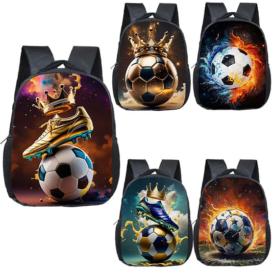 12inch Cool Soccer with Golden Crown Print Backpack for Kids Hot Blood Football Sport Schoolbags Toddler Kindergarten Bookbag