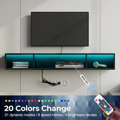 Floating TV Stand with Power Outlet, and RGB Lights, 47.2" Wall Mounted TV Shelf, Media Console with Storage Shelf