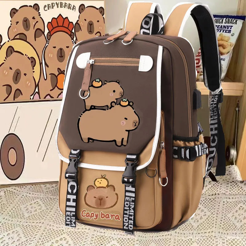 Cute Capybara Backpack Waterproof Large-Capacity Multi-Compartment Backpack Animal Print School Bag Capybara Plush Toy Included