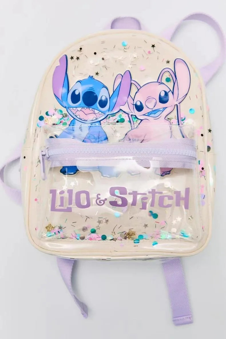 New Disney Off-white Stitch Printed Transparent Sequin Star Decoration Cute High-quality Backpack for Boys and Girls