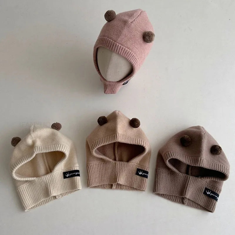 Baby Scarf Hat One-piece Knitted Cap Warm Cute Double Hairball Children Ear Protection Caps Korean Boys Girls Kid Windproof Hats