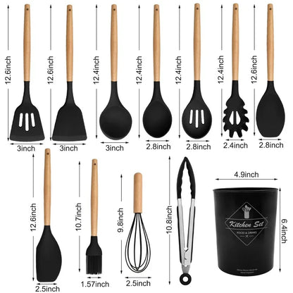 Cooking Utensils Set of 12 Silicone Kitchen Utensils With Solid Wood Handles and a Holder Bucket