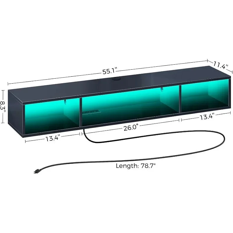 Floating TV Stand with Power Outlet, and RGB Lights, 47.2" Wall Mounted TV Shelf, Media Console with Storage Shelf