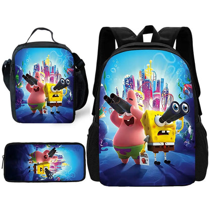 Cartoon Cute Child School Backpack with Lunch Bags ,Pencil Bags ,School Bags for S-spongebobS Boys Girls Best Gift