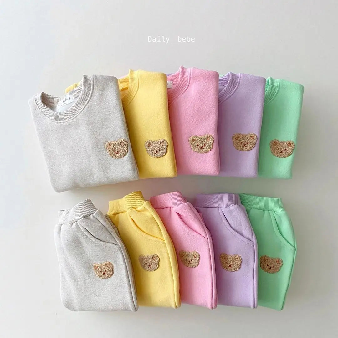 Baby Bear Embroidery  Fleece Pullover  Set  Sweatshirt Tops+Harem Jogger Pants Suits 2pcs Girls Boys  Lined Clothes