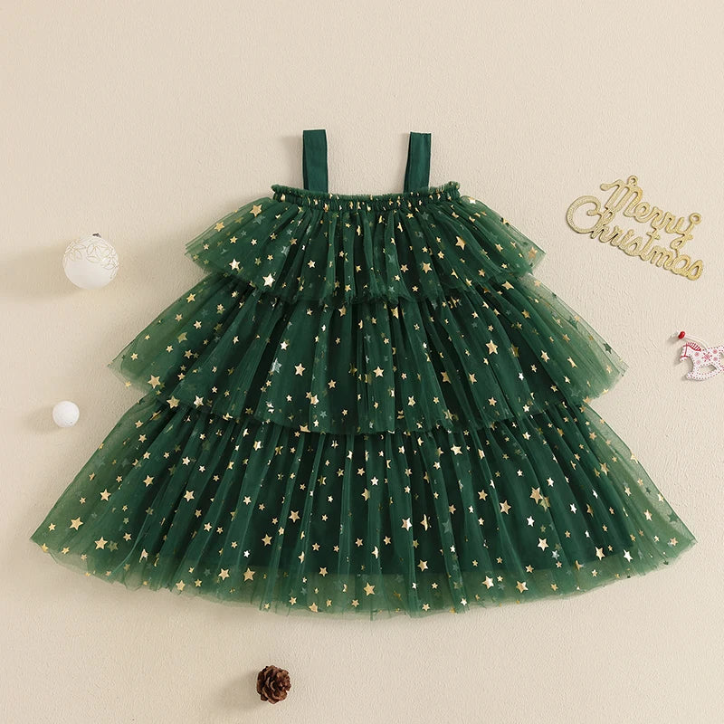 MISOWMNJOY Christmas Baby Girls Dresses Princess Kids Party Clothes for Girl Star Print Sleeveless Layered Tulle Dress with Ball