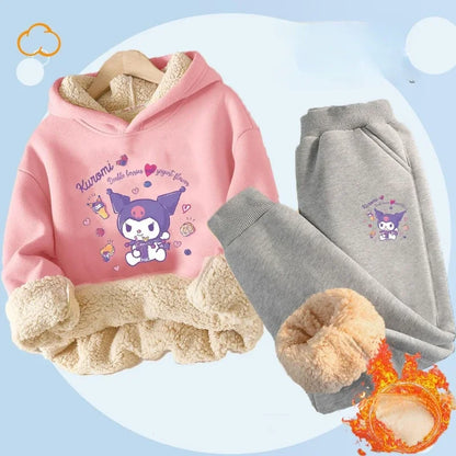 Kuromi Plush Warm Children's Clothing Set for Girls Thicken Fleece Lined Sweatshirt + Pants 2 Pcs Suit Winter Tracksuit