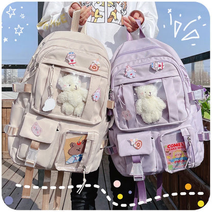 Girls High School Student Backpack Bags Backpack with Pin and Pendant,Cute Aesthetic Backpack ,Outdoor Sports Leisure Bag