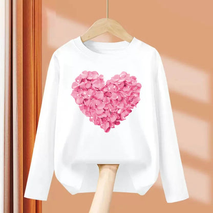 Children Long Sleeved Tops Heart Shaped Design T-shirt Girls Spring Dresses Baby Lovely Cotton Tees 3-14T