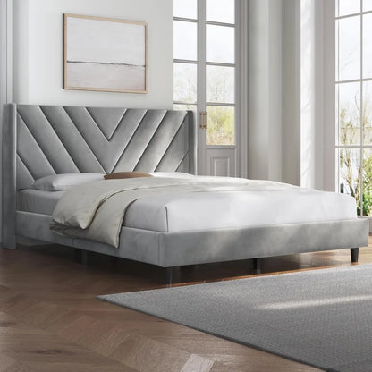 Bed Frame Upholstered Platform Bed with Wing Side/Wooden Slat Support/Tufted Headboard with Wing Side/Mattress Foundation