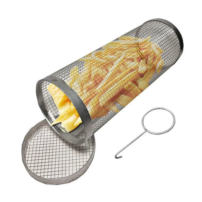 BBQ Basket Stainless Steel Rolling Grilling Basket Wire Mesh Cylinder Cylindrical Portable Round Outdoor Camping Barbecue Rack