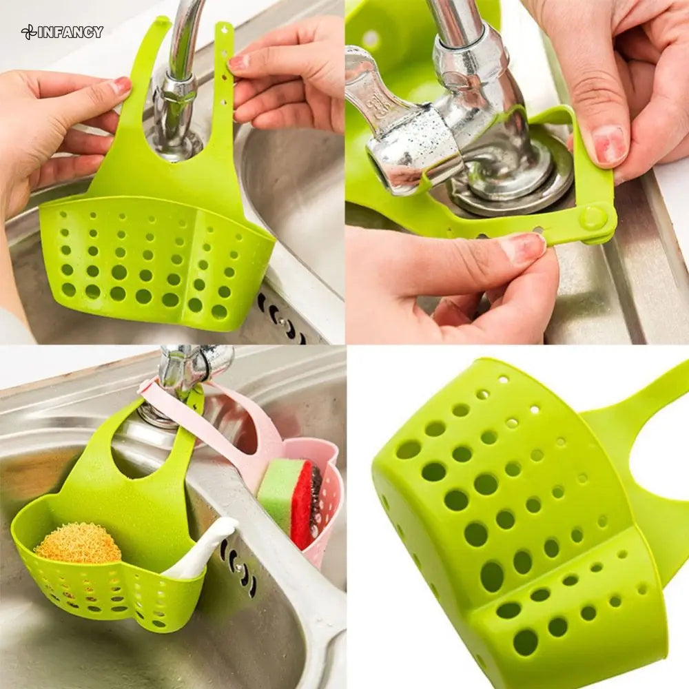 Kitchen Sink Drain Basket Faucet Hanging Bag Soap Sponge Holder Adjustable Silicone Drain Basket Kitchen Storage Accessories