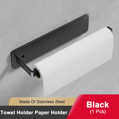 Paper Towel Holder Self Adhesive Toilet Roll Paper Holder No Punching Kitchen Bathroom Lengthen Storage Rack Grey Black White