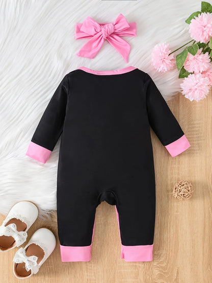 0-2 Year Old Spring and Autumn New Newborn Infants and Girls Crown Letter Printed Long sleeved Pants jumpsuit+Headband