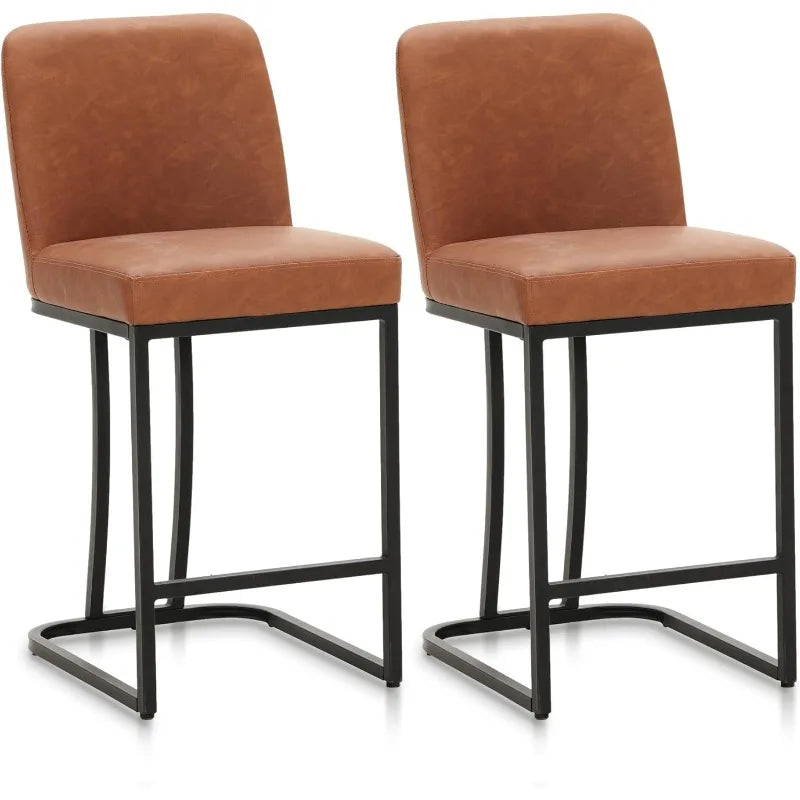 Black Counter Height Bar Stools Set of 2 for Kitchen Counter 24 Inch Faux Leather Upholstered Barstools with Back Modern