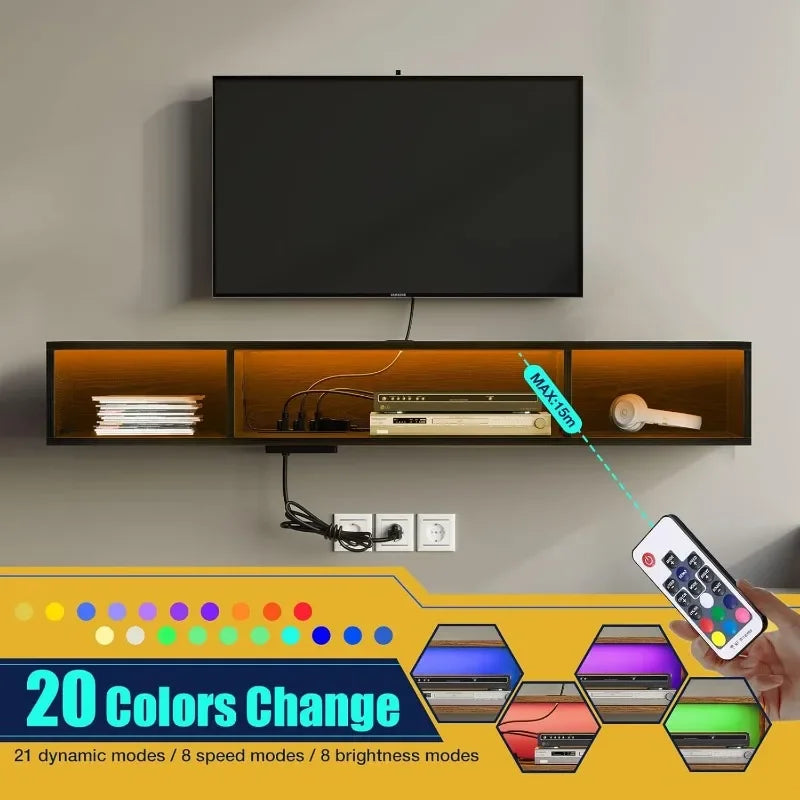 Floating TV Stand with Power Outlet, and RGB Lights, 47.2" Wall Mounted TV Shelf, Media Console with Storage Shelf