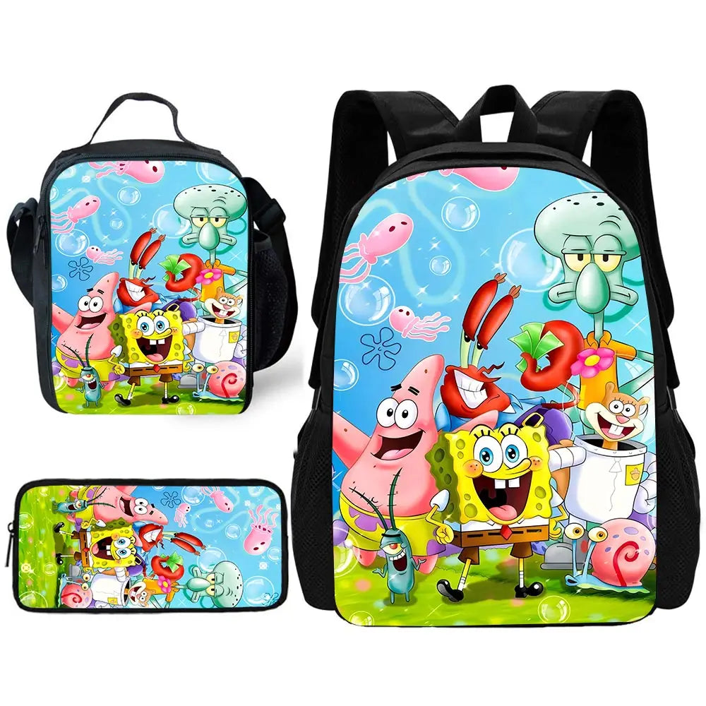 Cartoon Cute Child School Backpack with Lunch Bags ,Pencil Bags ,School Bags for S-spongebobS Boys Girls Best Gift