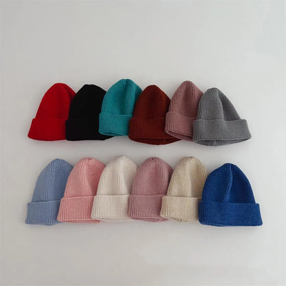 Autumn Winter Knitsuit Boy Girl Children Candy Color Solid Casual Knitted Hat Baby Warm Soft Cotton Cap Kid Fashion Kniting Caps