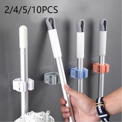 2/4/5/10Pcs Wall Mounted Mop Organizer Holder Adhesive Broom Hanger Hooks Bathroom Kitchen Storage Racks Home Accessorie