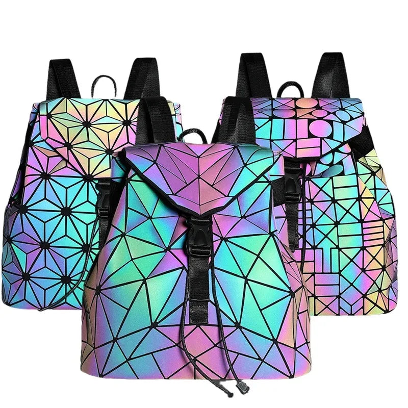 Fashion Luminous Women backpack Drawstring folding backpack Triangle Sequin Backpack for Reflective strip Female student bag