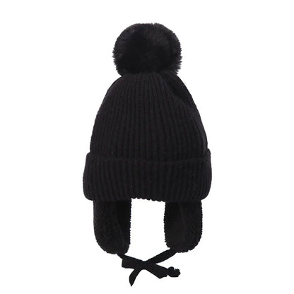 Winter Thick Baby Hat Big Pompom Beanie with Earflap Wool Plush Children Knitted Cap for Girls Boys Warm Kids Accessories 2-8T