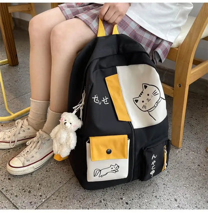 Hundreds of simple junior high school students schoolbag Large capacity primary school students schoolbag cute cat pattern