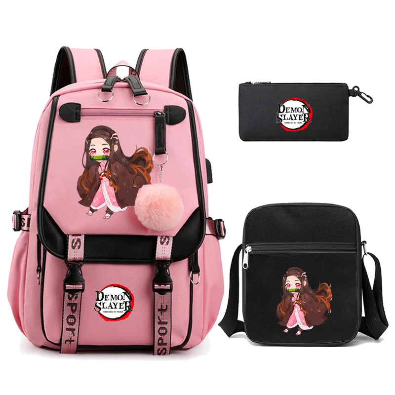 3Pcs/set Anime Kamado Nezuko Demon Slayer Backpacks for Girls School Bag Teenager Student Canvas Laptop Back Pack Women Rucksack