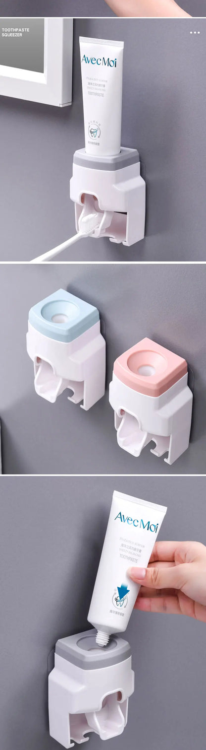 Automatic Toothpaste Dispenser Set Wall-Mounted Extruder Plastic No-Punch Lazy Man Toothbrush Holder Bathroom Accessories Gadget