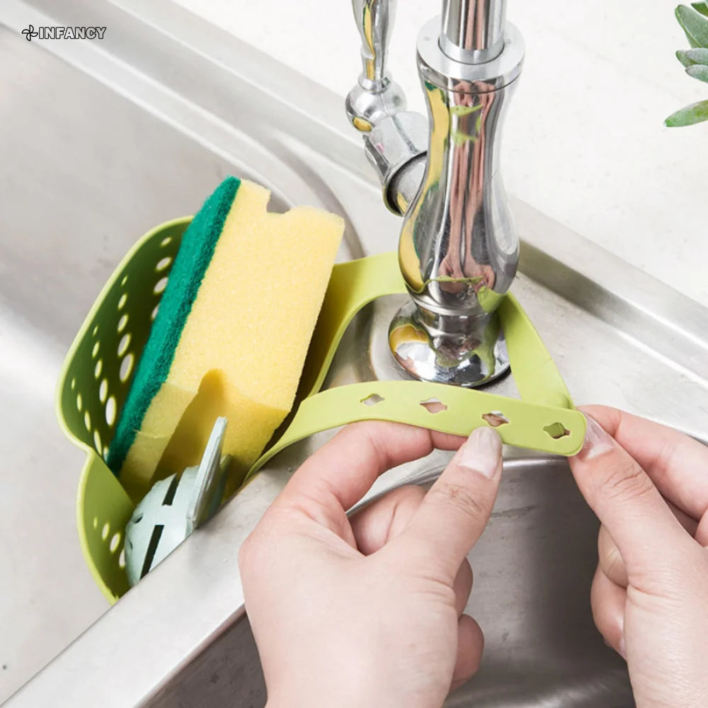 Kitchen Sink Drain Basket Faucet Hanging Bag Soap Sponge Holder Adjustable Silicone Drain Basket Kitchen Storage Accessories