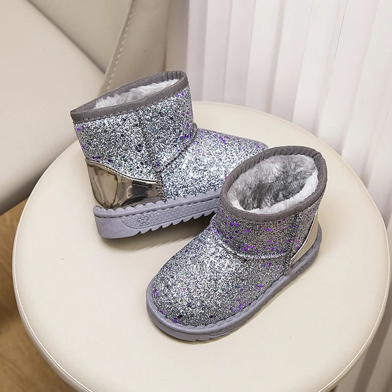 Winter Girl's Snow Boots Glimmer Three Colors Thick Fur Kids Short Boot Warm Beautiful Stylish Slip-on Children Shoes 25-36