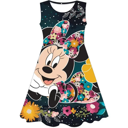 Minnie Mouse Girls Dress 2024 Summer New Girls Round Collar Disney Series Cartoon Casual Dresses Party Evening One Piece Skirts