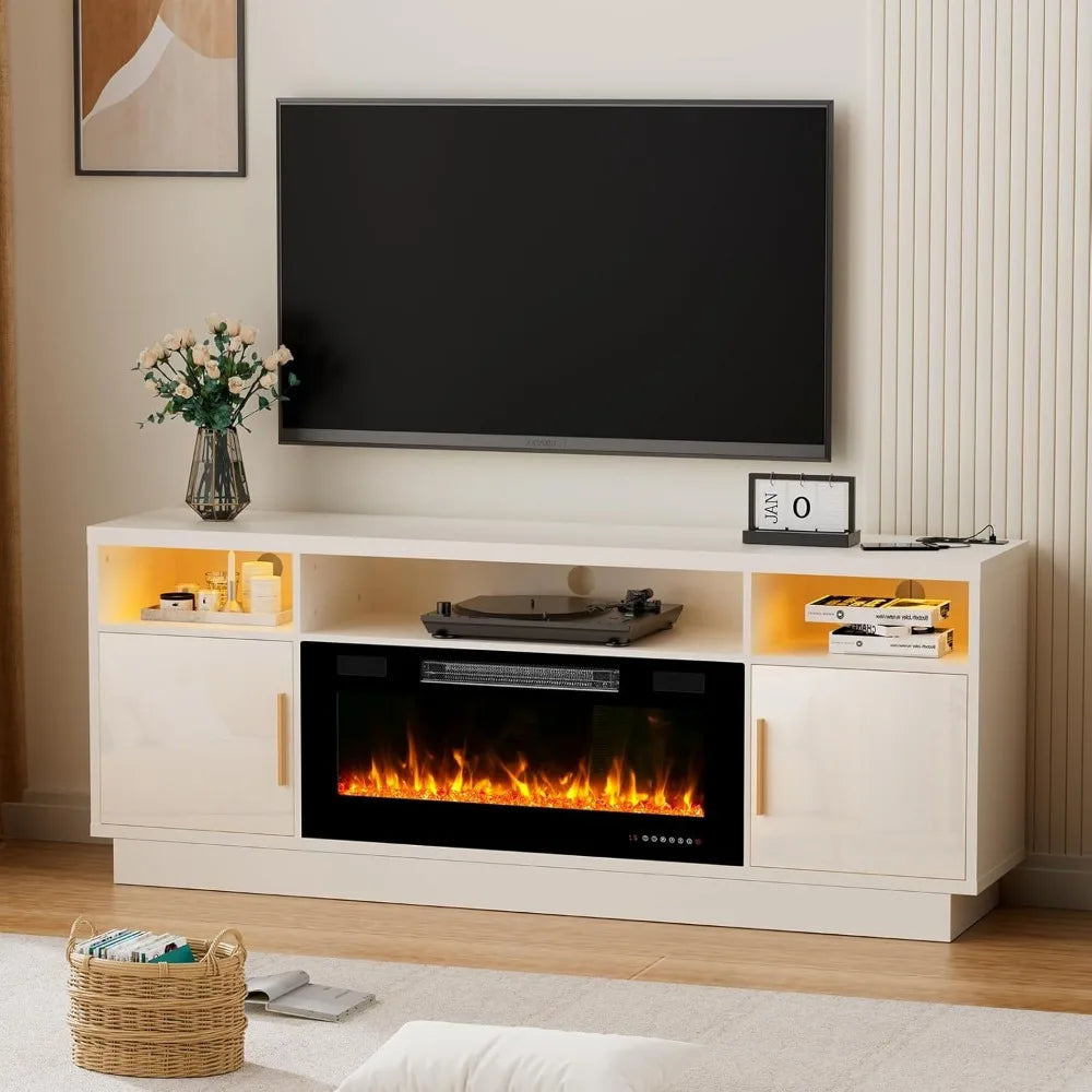 70'' TV Stand with 36'' Fireplace-LED Light Entertainment Center for 75+ Inch TV-White TV Cabinet with Storage,Modern TV Console