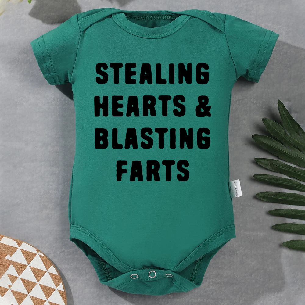 Creative New Baby Girl Boy Cotton Onesie Stealing Hearts and Blasting Farts Letter Print Funny Infant Clothes Comfy Breathable