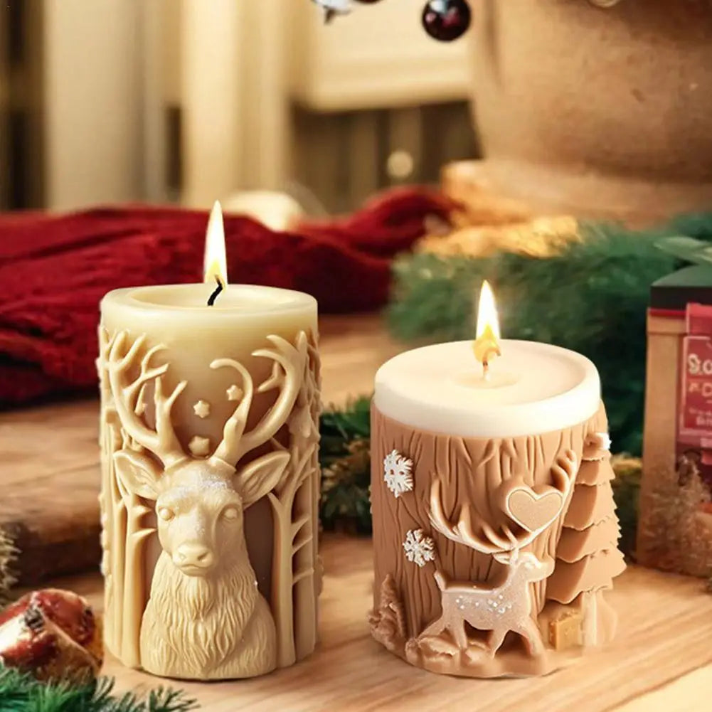 New Christmas Tree Carving Pattern Cylindrical Candle 3D Silicone Mold Reindeer Snowflake Cylindrical Elk Candle Mold