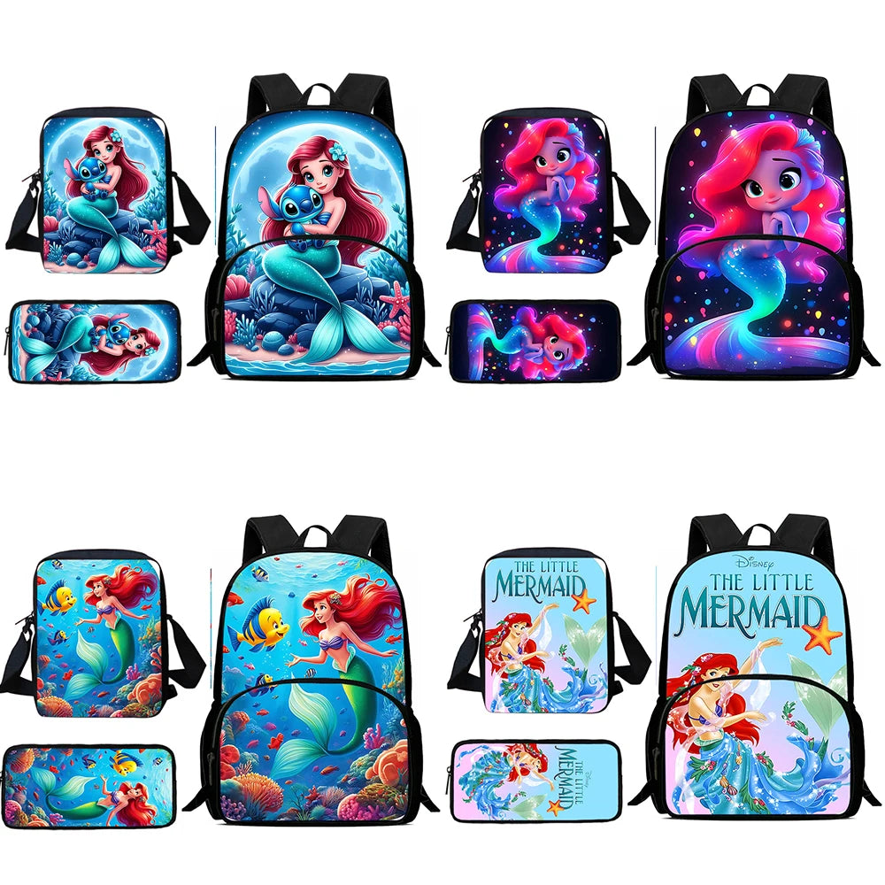 3Pcs Set Cute Princess Ariel Child Backpacks Shoulder Bag Pencil Case Pupil Large Capacity School Bags for Boys Girls Best Gift