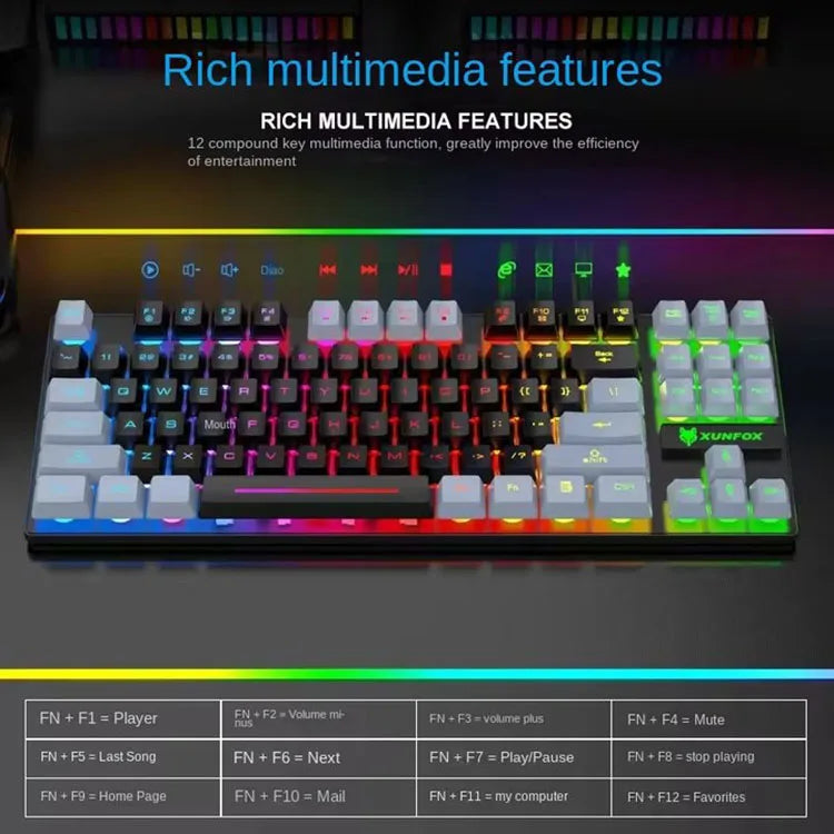 K10 87 Keys LED Luminous Keyboard Home Gaming Keyboards USB Wired Rainbow Backlight Desktop Computer Keyboard Office Accessories