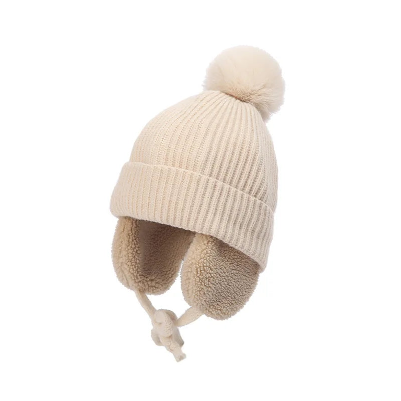 Winter Thick Baby Hat Big Pompom Beanie with Earflap Wool Plush Children Knitted Cap for Girls Boys Warm Kids Accessories 2-8T