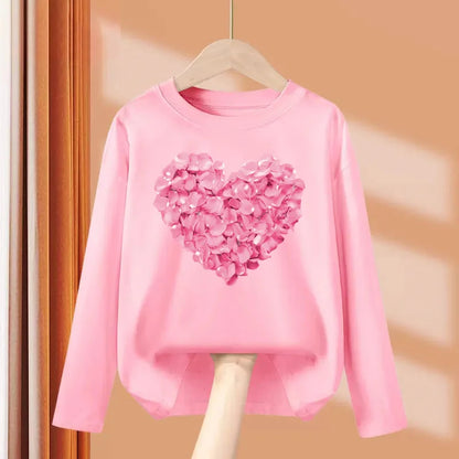 Children Long Sleeved Tops Heart Shaped Design T-shirt Girls Spring Dresses Baby Lovely Cotton Tees 3-14T