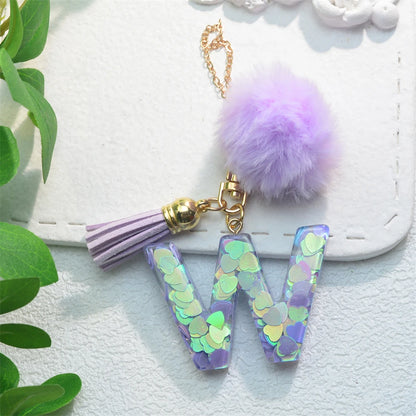 Sparkling Fashion Initials Letter Charm Keychains With Pompom Tassel Handle Pendant Keyrings for Tumbler Women Cup Accessories