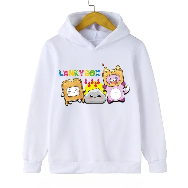 Lanky Box Print Hoodie Baby Boy Funny Cartoon Streetwear Stone Cats Print Kids Clothes Girls Long Sleeve Sweatshirt Box Pullover