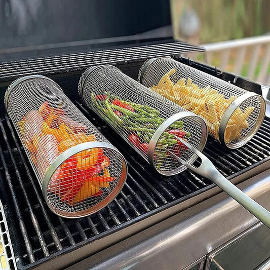 BBQ Basket Stainless Steel Rolling Grilling Basket Wire Mesh Cylinder Cylindrical Portable Round Outdoor Camping Barbecue Rack