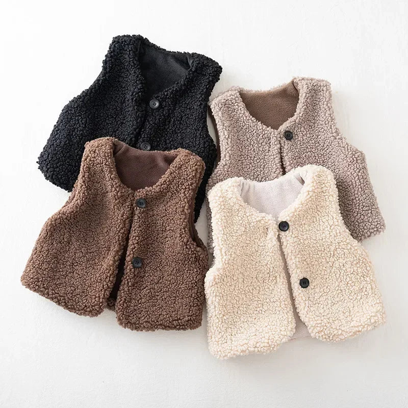 Autumn Winter Baby Lamb Wool Plus Velvet Waistcoat Girls Boys Plush Vest Single Breasted V Neck Child Warm Fashion Warm Coat